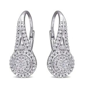 NWT Nearly 1/2 Carat Natural Diamond Double Halo Leverback Hoop Earrings, 3/4"